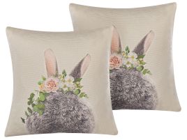 Set of 2 Cotton Cushions Rabbit Print 45x45cm Taupe