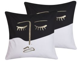 Set of 2 Cotton Cushions Face Print 45x45cm Black and White