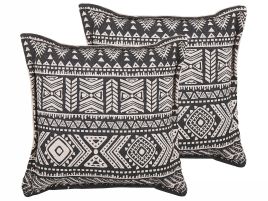 Set of 2 Cotton Cushions Geometric Pattern 45x45cm Black and Beige