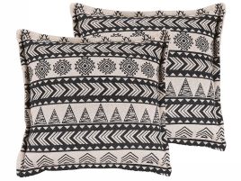 Set of 2 Cotton Cushions Geometric Pattern 45x45cm Beige and Black