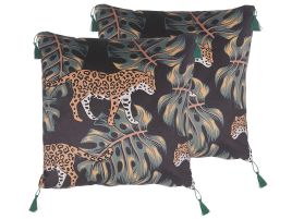 Set of 2 Cushions Leopard Motif with Tassels 45x45cm Black
