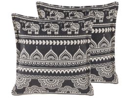 Set of 2 Cotton Cushions Oriental Pattern 45x45cm Black and White