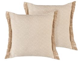 Set of 2 Fringed Cushions Geometric Pattern 45x45cm Beige