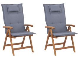 Set of 2 Acacia Wood Garden Folding Chairs with Blue Cushions JAVA