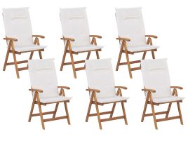 Set of 6 Acacia Wood Garden Folding Chairs with Off-White Cushions JAVA