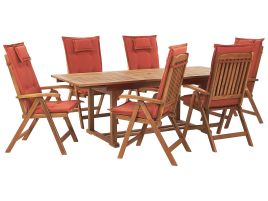 6 Seater Acacia Wood Garden Dining Set with Red Cushions JAVA