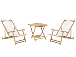 2 Seater Bamboo Sun Lounger Set with Coffee Table Light Wood and Off-White ATRANI /MOLISE