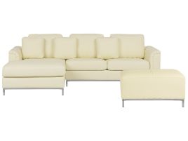 Right Hand Leather Corner Sofa with Ottoman Beige OSLO