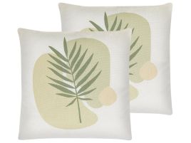 Set of 2 Cushions Leaf Pattern 45x45cm Green and Beige