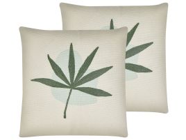 Set of 2 Embroidered Cushions Leaf Motif 45x45cm Green