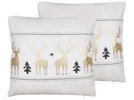 Set of 2 Cotton Cushions Reindeer Pattern 45x45cm White