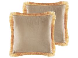 Set of 2 Fringed Velvet Cushions 45x45cm Beige