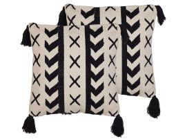 Set of 2 Cotton Cushions Geometric Pattern with Tassels 45x45cm Beige and Black