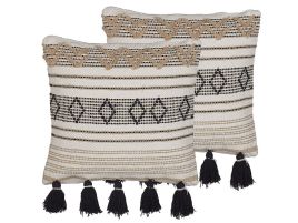 Set of 2 Cotton Cushions Geometric Pattern with Tassels 45x45cm Beige and Black