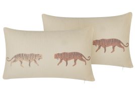 Set of 2 Cushions Tiger Motif 30x50cm Beige