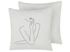 Set of 2 Cotton Cushions Female Body Line Art 45x45cm White