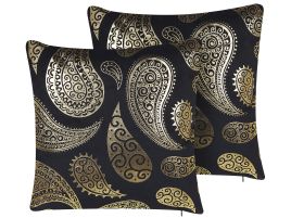 Set of 2 Velvet Cushions Paisley Pattern 45x45cm Gold and Black