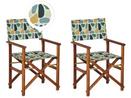 Set of 2 Acacia Folding Chairs and 2 Replacement Fabrics Dark Wood with Off-White / Geometric Pattern CINE