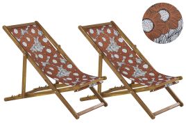 Set of 2 Acacia Folding Deck Chairs and 2 Replacement Fabrics Light Wood with Off-White / Poppies Pattern ANZIO
