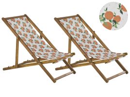 Set of 2 Acacia Folding Deck Chairs and 2 Replacement Fabrics Light Wood with Off-White / Oranges Pattern ANZIO
