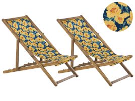 Set of 2 Acacia Folding Deck Chairs and 2 Replacement Fabrics Light Wood with Off-White / Yellow Floral Pattern ANZIO