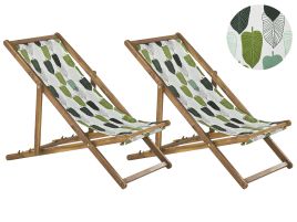 Set of 2 Acacia Folding Deck Chairs and 2 Replacement Fabrics Light Wood with Off-White / Green Leaf Pattern ANZIO