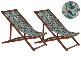 Set of 2 Acacia Folding Deck Chairs and 2 Replacement Fabrics Dark Wood with Off-White / Pelican Pattern ANZIO