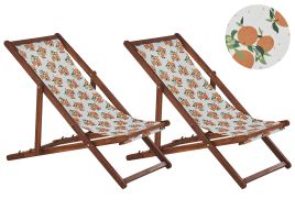 Set of 2 Acacia Folding Deck Chairs and 2 Replacement Fabrics Dark Wood with Off-White / Oranges Pattern ANZIO