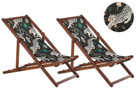 Set of 2 Acacia Folding Deck Chairs and 2 Replacement Fabrics Dark Wood with Off-White / Animal Pattern ANZIO