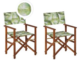 Set of 2 Acacia Folding Chairs and 2 Replacement Fabrics Dark Wood with Grey / Tropical Leaves Pattern CINE