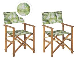 Set of 2 Acacia Folding Chairs and 2 Replacement Fabrics Light Wood with Off-White / Tropical Leaves Pattern CINE