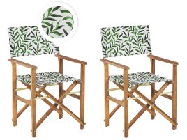 Set of 2 Acacia Folding Chairs and 2 Replacement Fabrics Light Wood with Grey / Leaf Pattern CINE