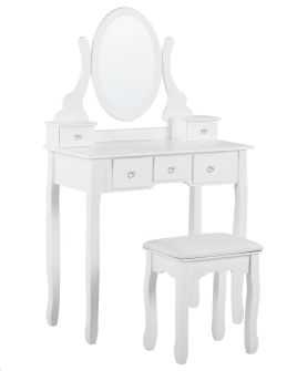 5 Drawer Dressing Table with Oval Mirror and Stool White