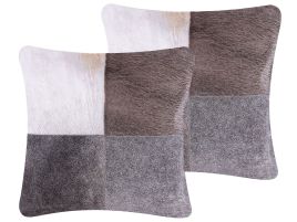 Set of 2 Leather Cushions Patchwork Pattern 45x45cm Grey