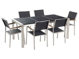 6 Seater Garden Dining Set Black Granite Top with Black Chairs GROSSETO