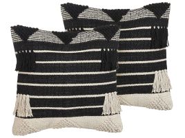Set of 2 Cotton Cushions Geometric Pattern 50x50cm Beige and Black