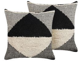 Set of 2 Tufted Cotton Cushions Geometric Pattern 50x50cm Beige and Black