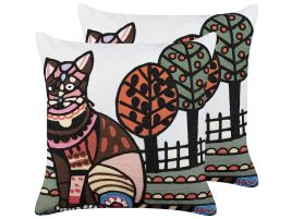 Set of 2 Embroidered Cotton Cushions Cat Motif 50x50cm Multicolour