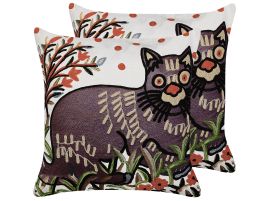 Set of 2 Embroidered Cotton Cushions Cat Motif 50x50cm Multicolour
