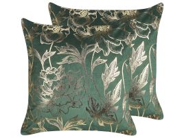 Set of 2 Velvet Cushions Floral Print 45x45cm Green