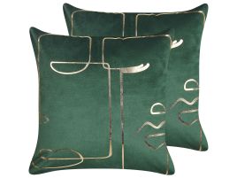 Set of 2 Velvet Cushions Face Motif 45x45cm Green