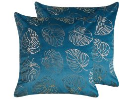 Set of 2 Velvet Cushions Leaf Print 45x45cm Blue