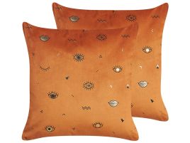 Set of 2 Velvet Cushions Eye Motif 45x45cm Orange