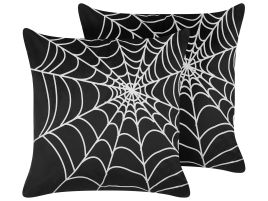 Set of 2 Velvet Cushions Spider Web Pattern 45x45cm Black and White