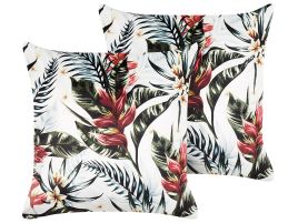 Set of 2 Velvet Cushions Leaf Pattern 45x45cm Green and Red