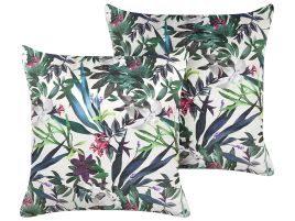 Set of 2 Velvet Cushions Leaf Pattern 45x45cm Green