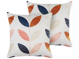 Set of 2 Velvet Cushions Leaf Pattern 45x45cm Off - White
