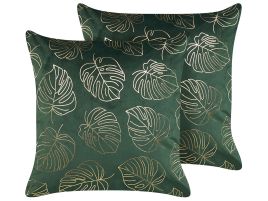 Set of 2 Velvet Cushions Leaf Pattern 45x45cm Dark Green