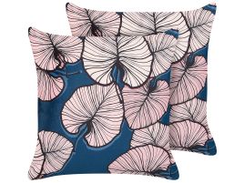 Set of 2 Velvet Cushions Leaf Pattern 45x45cm Blue and Pink