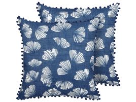 Set of 2 Cushions Leaf Pattern 45x45cm Blue and White